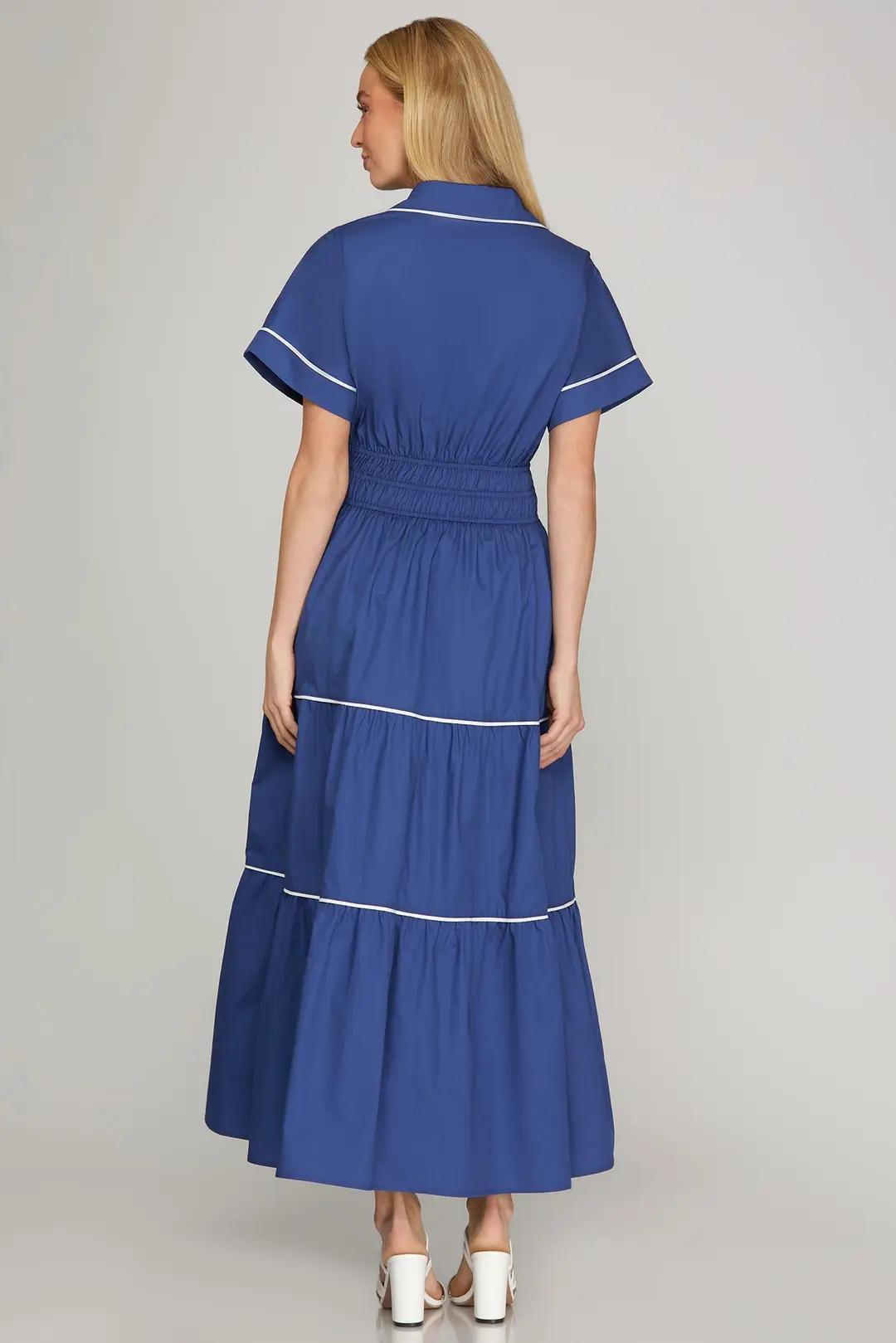 Drop Shoulder Half Sleeve Collared Top Woven Maxi Tiered Dress with Elastic Waistband, Contrast Piping, and Pockets