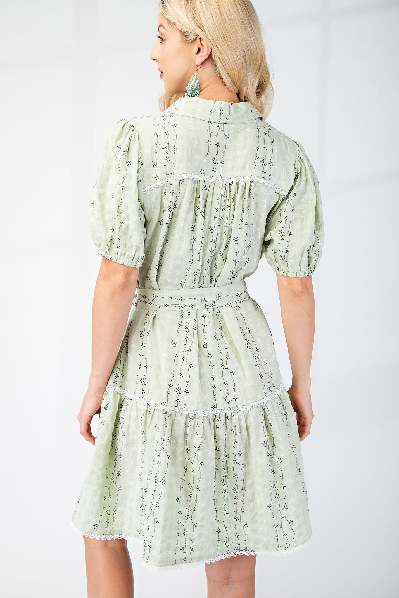 Embroidered Shirt Dress with Lace Trim Detail and Belt Tie
