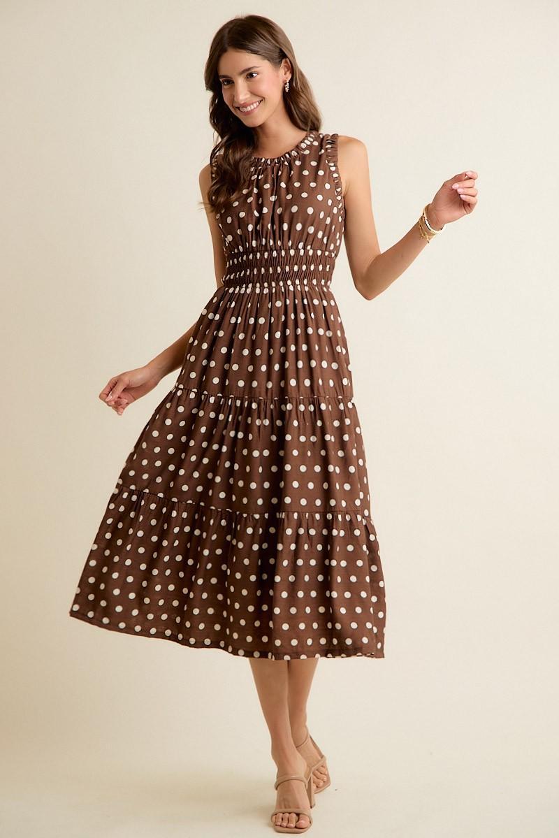 Polka Dot Sleeveless Smocked Waist Midi Lined Dress