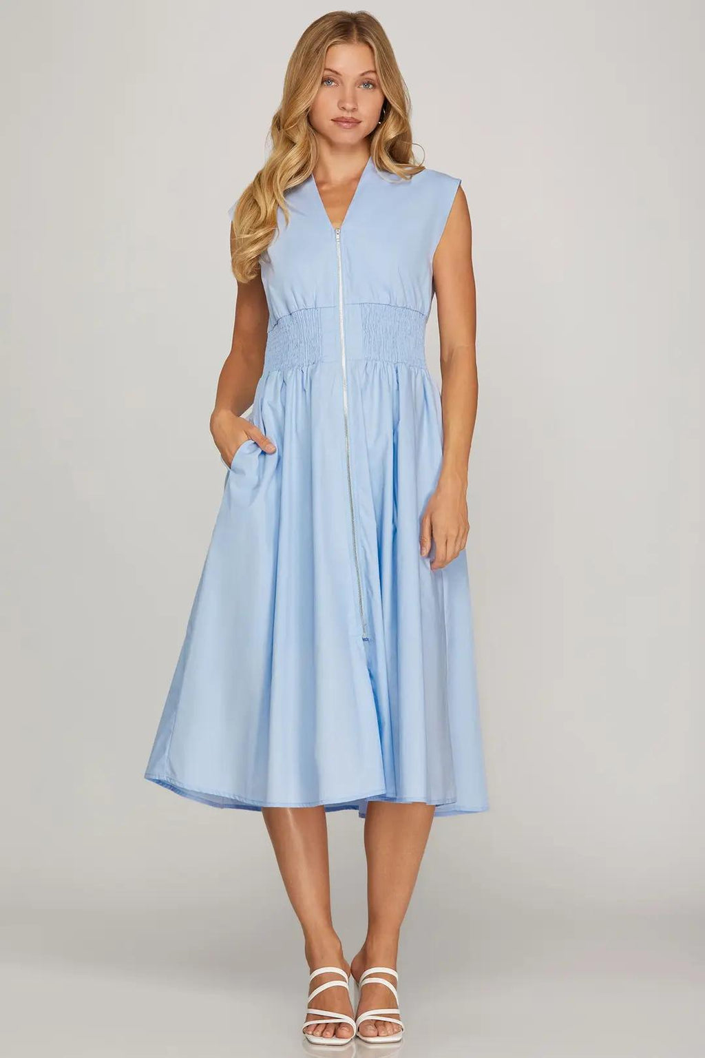 Drop Shoulder Smocked Waist Midi Dress with Front Zipper and Pockets