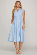 Drop Shoulder Smocked Waist Midi Dress with Front Zipper and Pockets