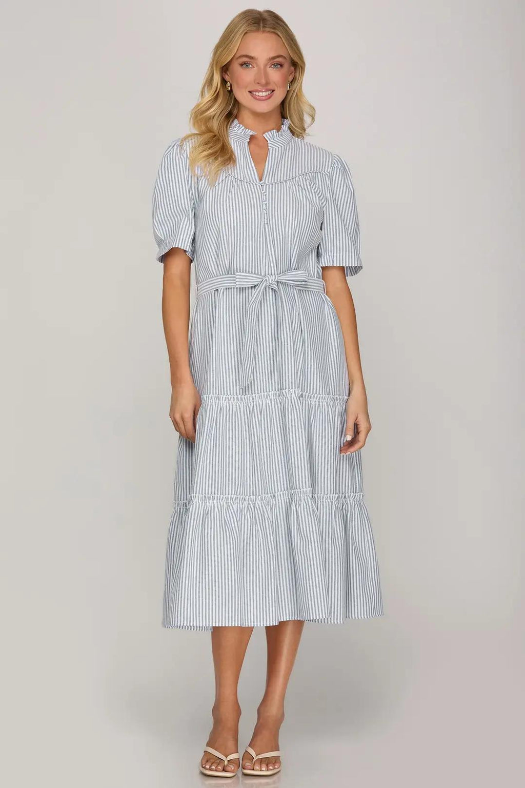 Short Sleeve Striped Midi Dress with Pockets