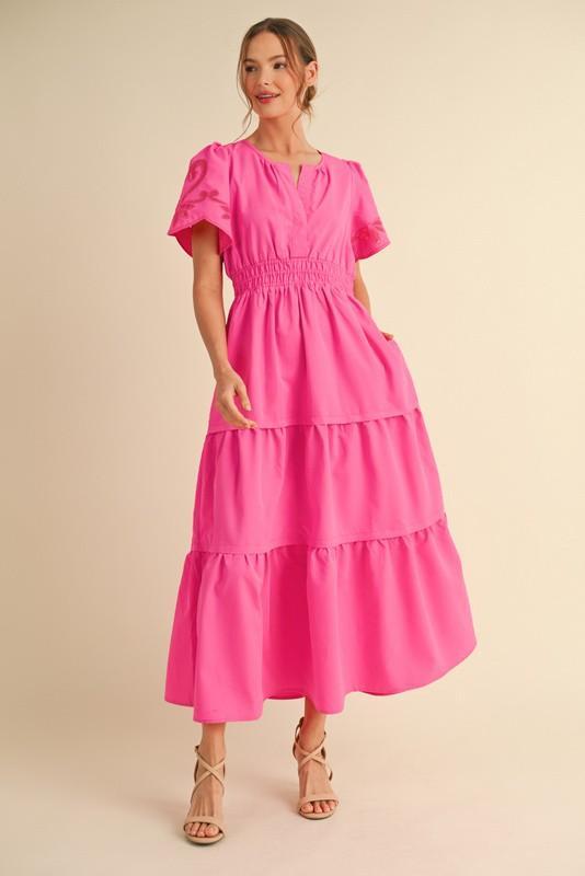 Embroidery Cut-out Sleeves Tiered Maxi Dress