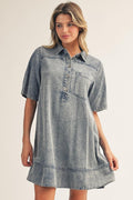 Back Pleat Detail Washed Denim Casual Dress