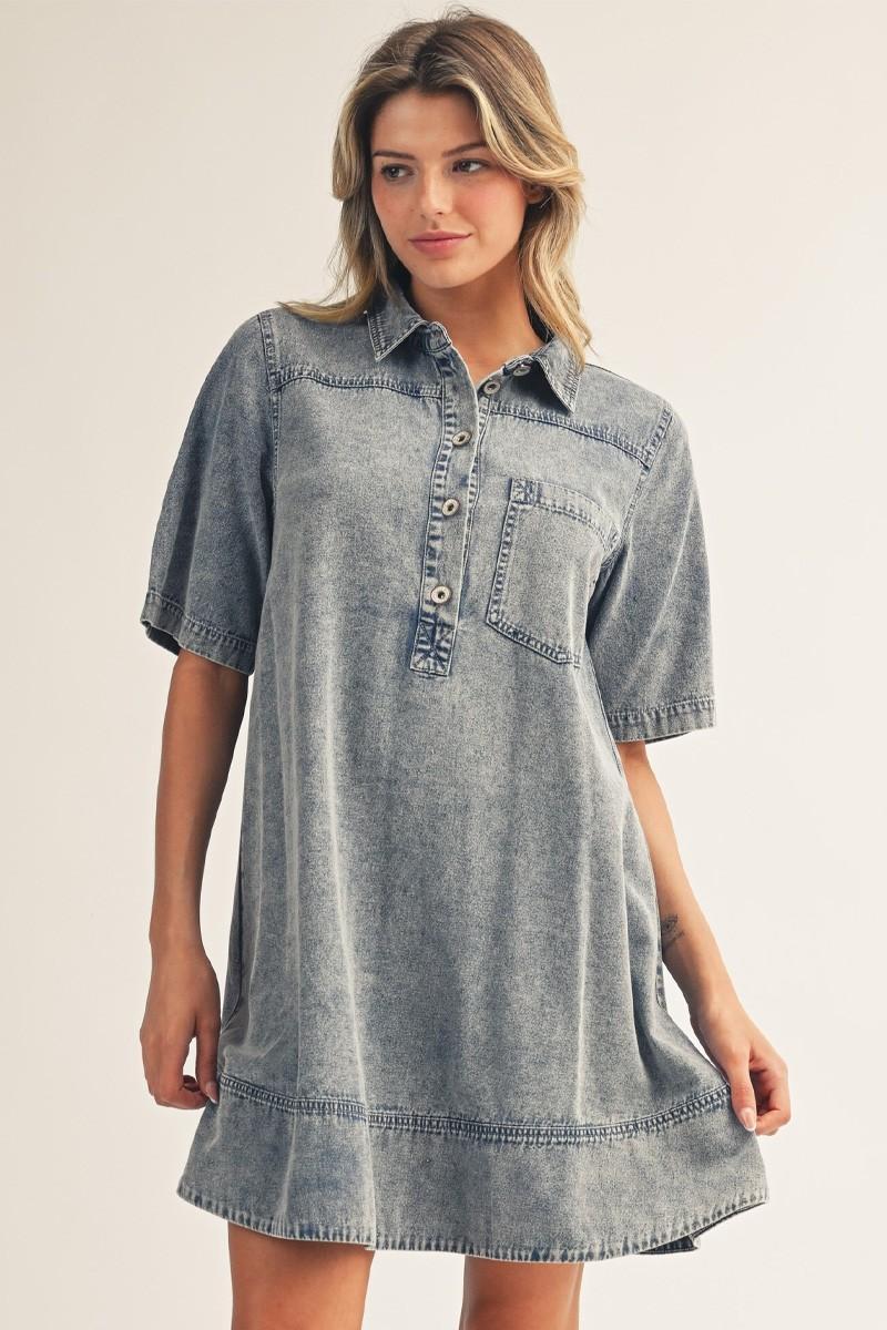Back Pleat Detail Washed Denim Casual Dress