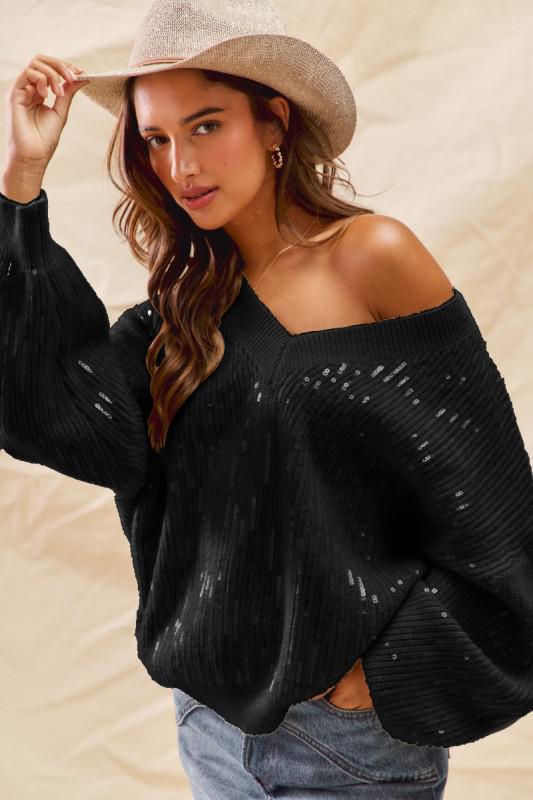 Holiday Clear Sequins Christmas V-Neck Sweater Top