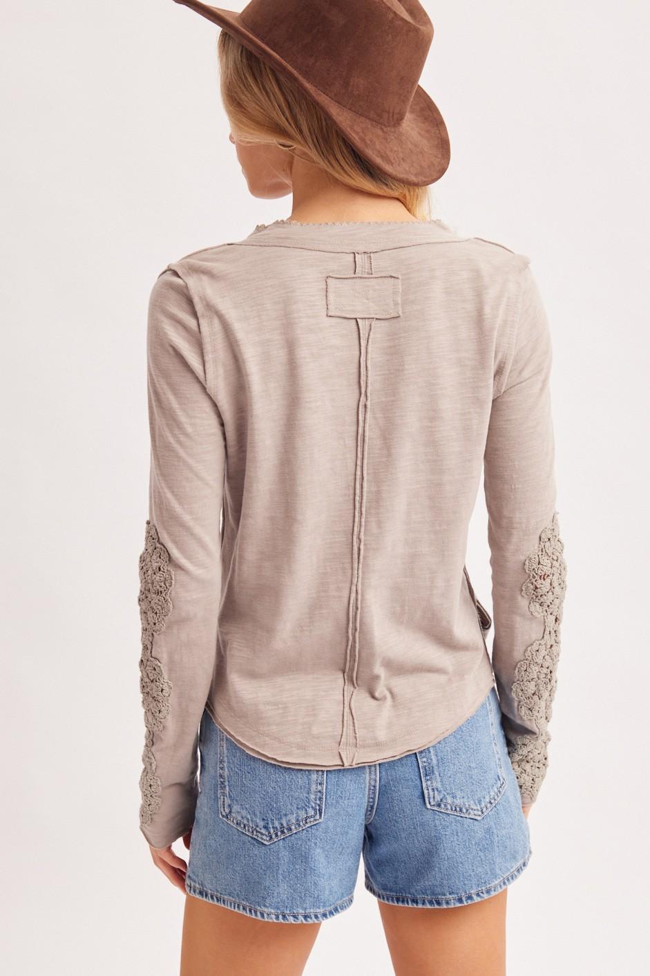 Crochet Patch Sleeved Half Button Round Neck Top