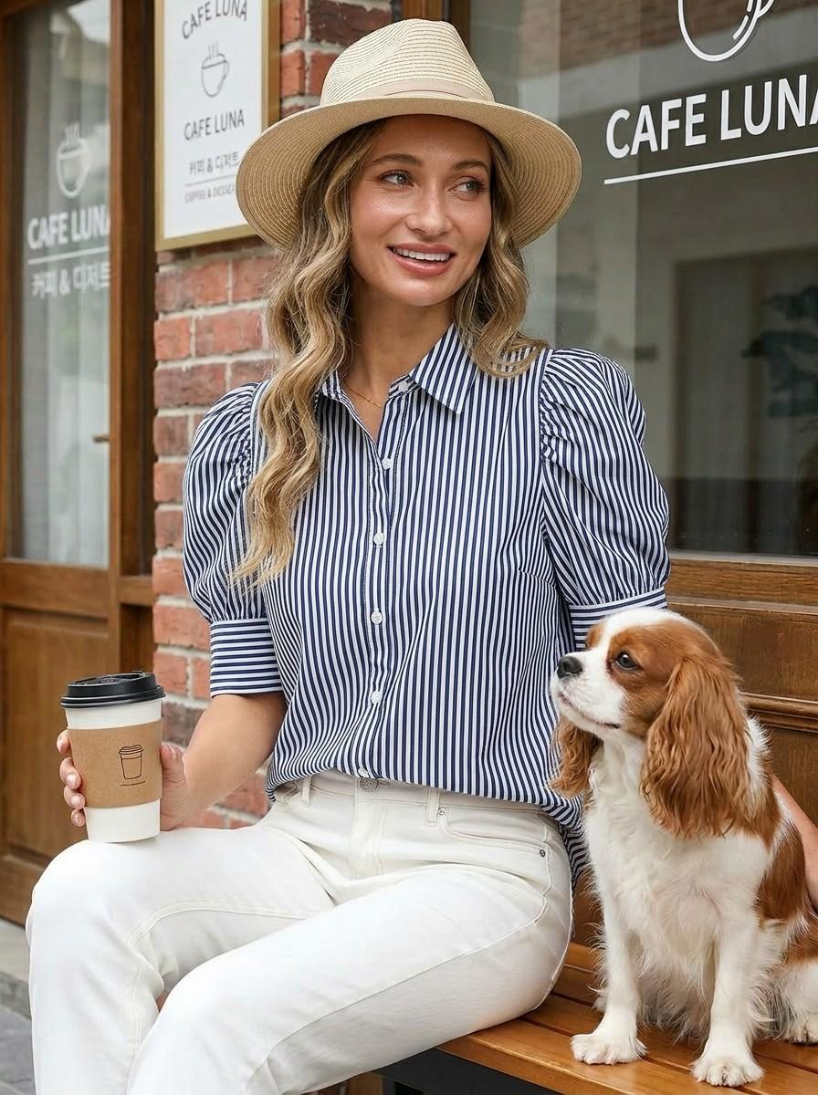 Short Puff Sleeve Striped Shirt Top