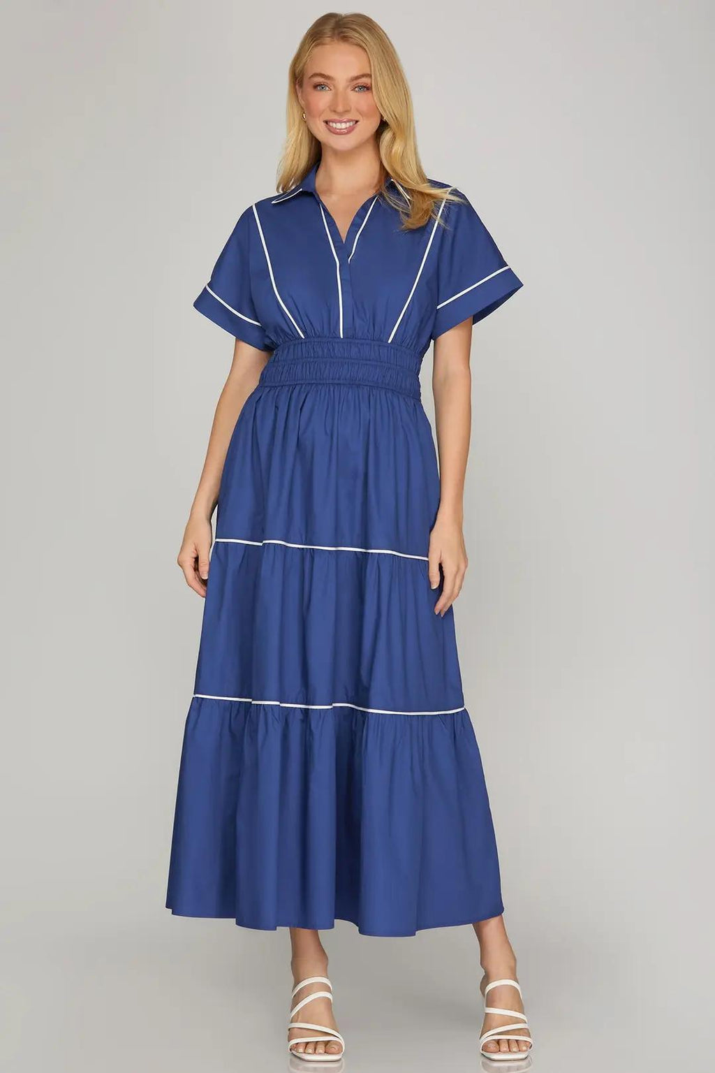Drop Shoulder Half Sleeve Collared Top Woven Maxi Tiered Dress with Elastic Waistband, Contrast Piping, and Pockets