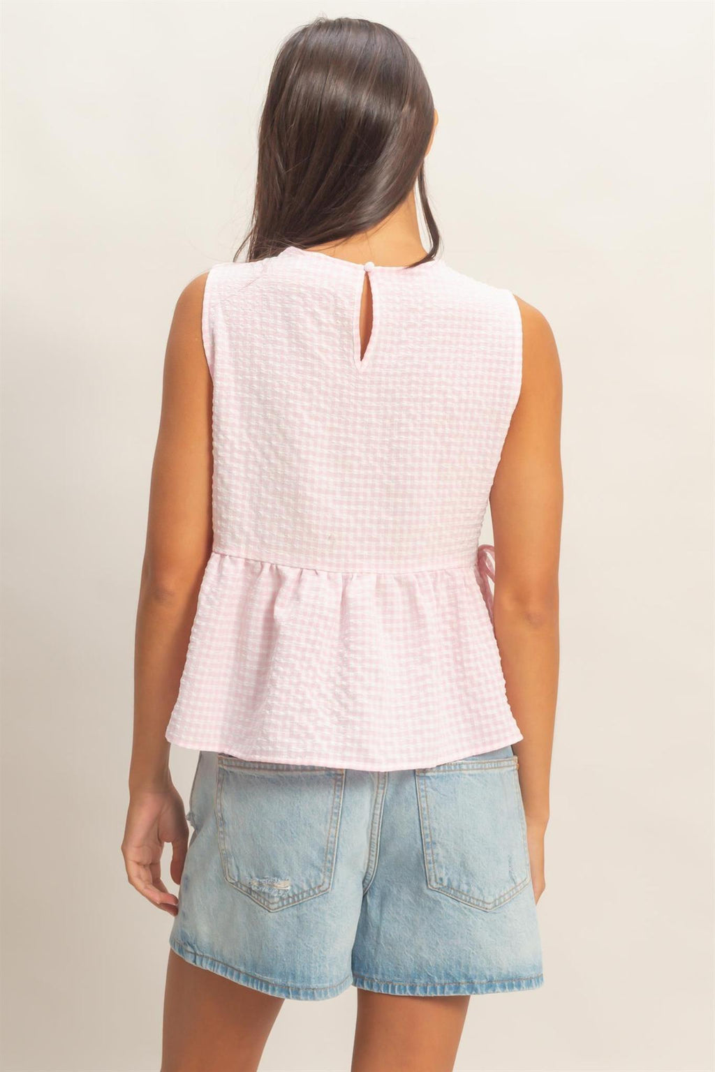 Gingham Sleeveless Peplum Top With Side Ties