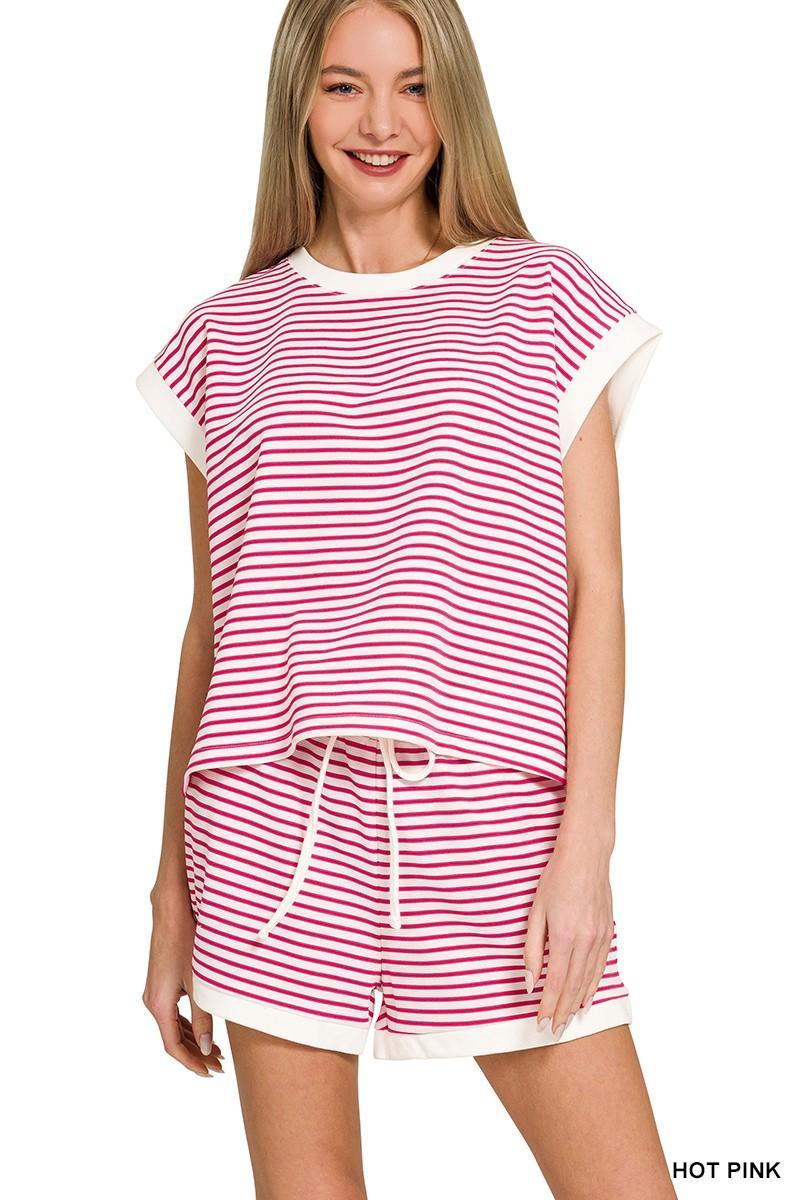 Stripe Contrast Trim Top & Shorts Set