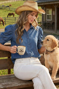 Short Puff Sleeve Chambray Shirt