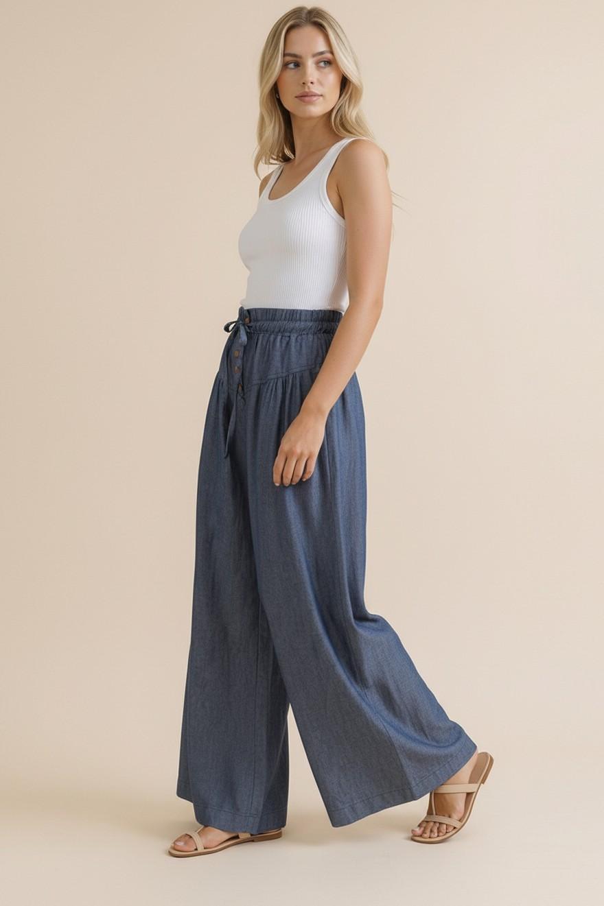 Elastic Waist Wide Leg Chambray Pants