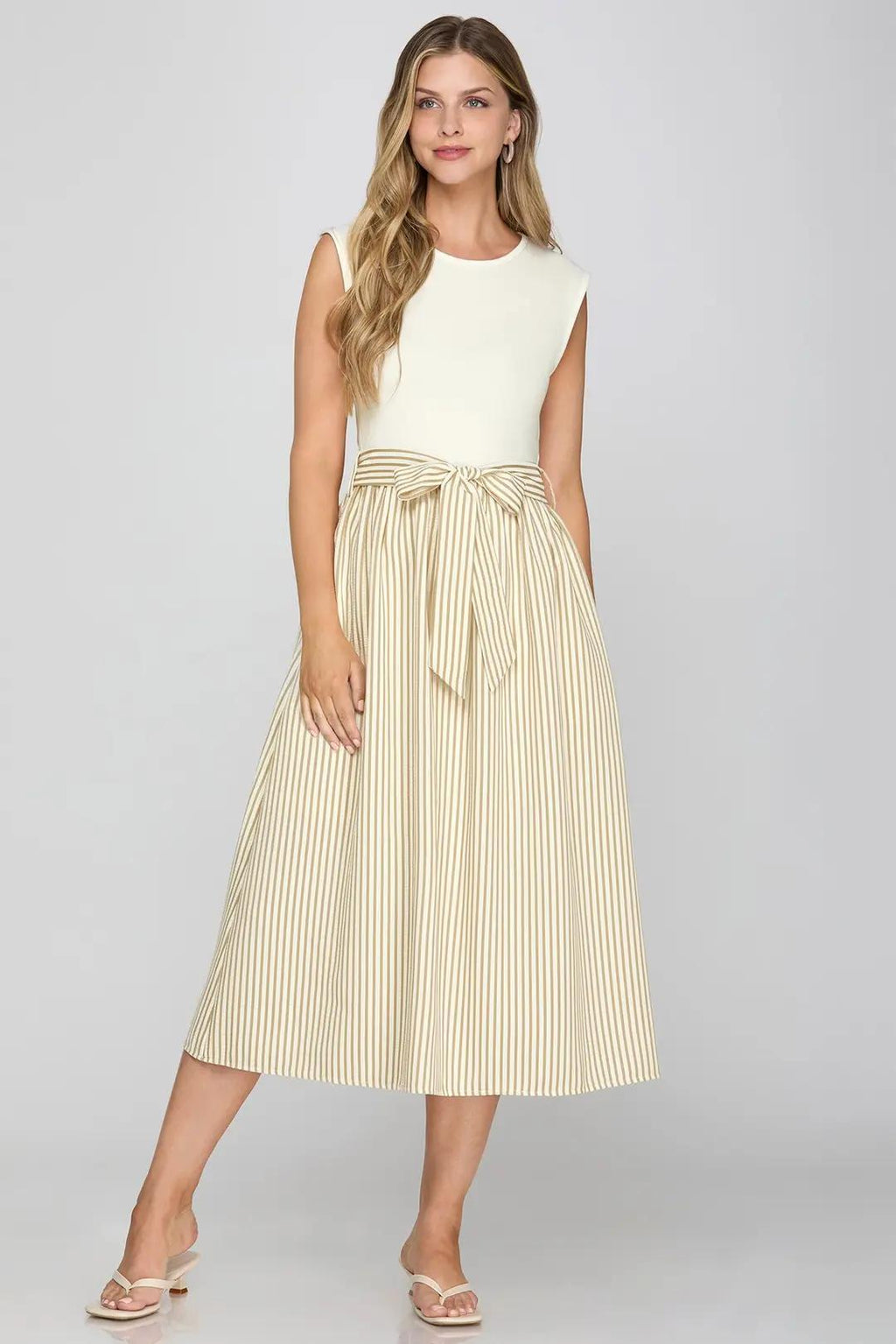 Drop Sleeve Knit and Woven Combo Striped Tiered Midi Dress