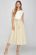 Drop Sleeve Knit and Woven Combo Striped Tiered Midi Dress