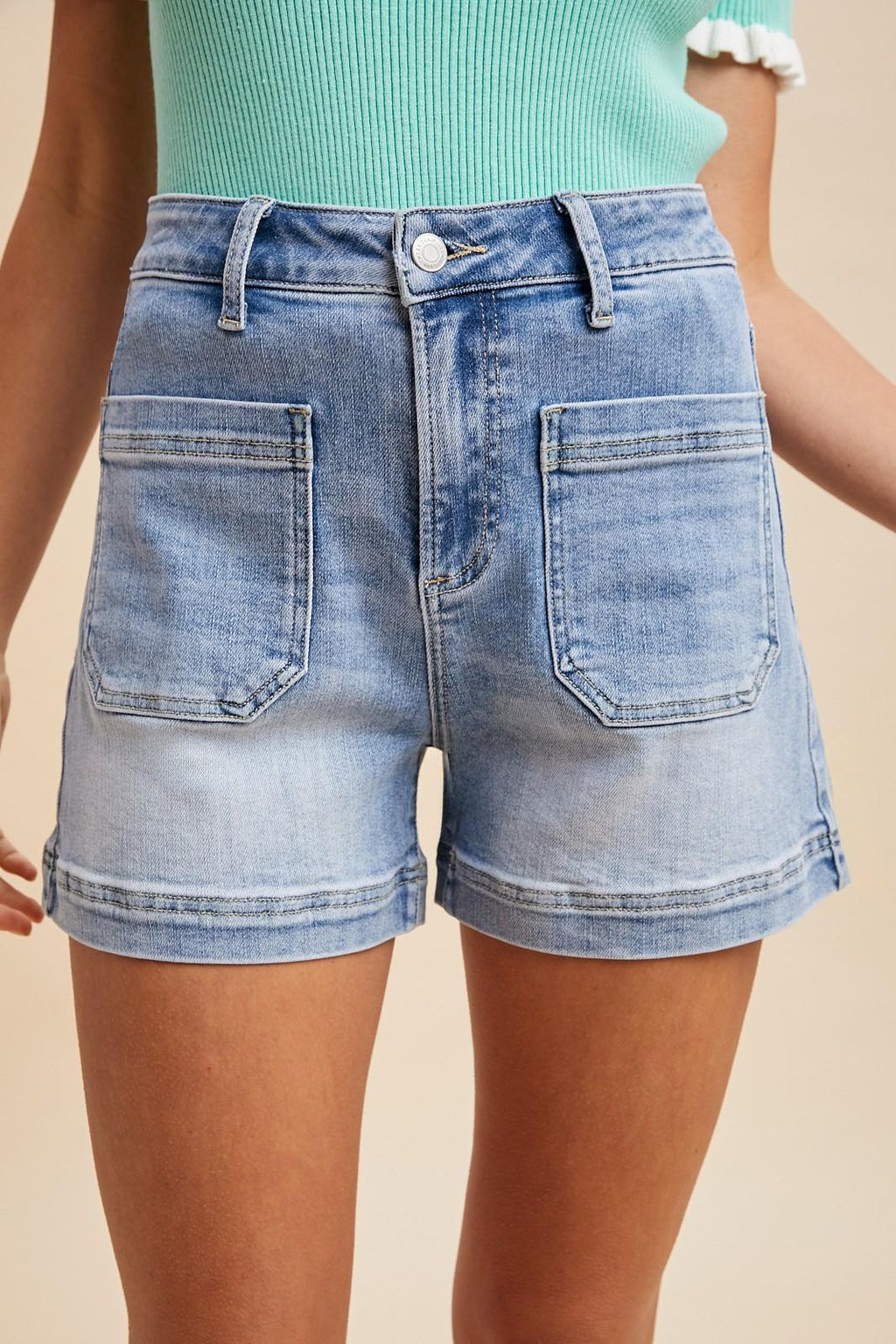 Stretch High Rise Front Pocket Denim Shorts
