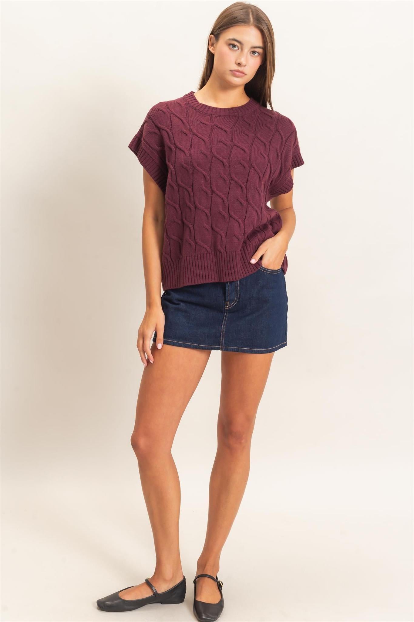 Cable Knit Cap Sleeve Sweater