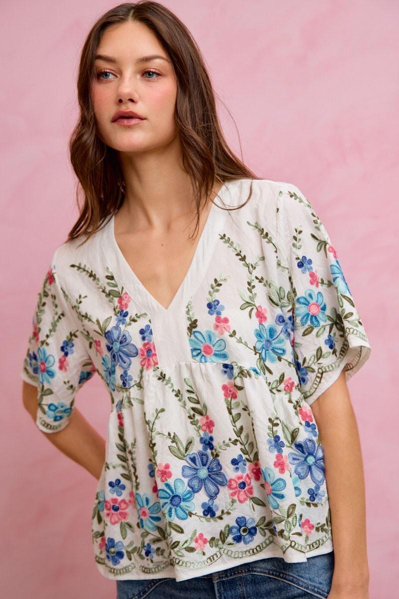 Floral Embroidered Baby Doll Blouse Top