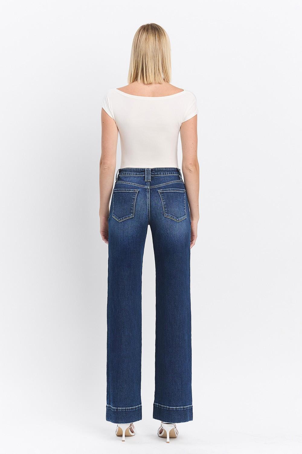 High Rise Dark Wash Trouser Hem Wide Jeans