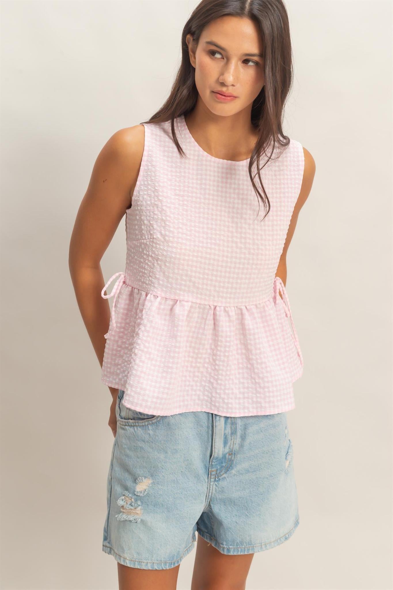 Gingham Sleeveless Peplum Top With Side Ties