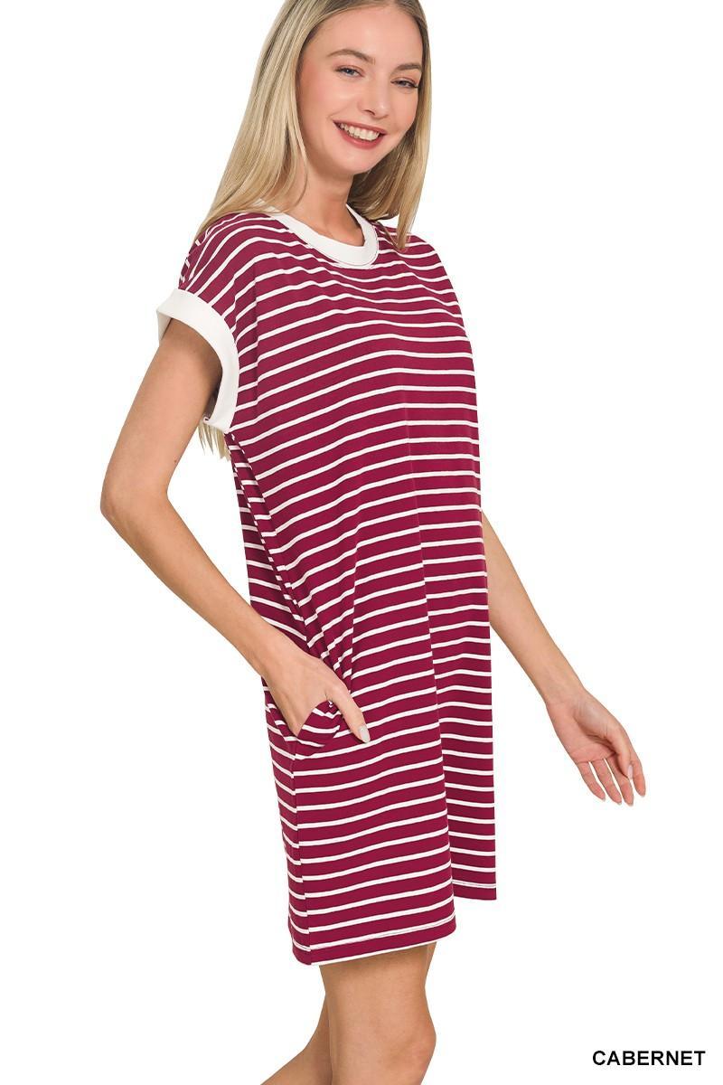 Striped Contrast Trim Rib Banded T-shirts Dress