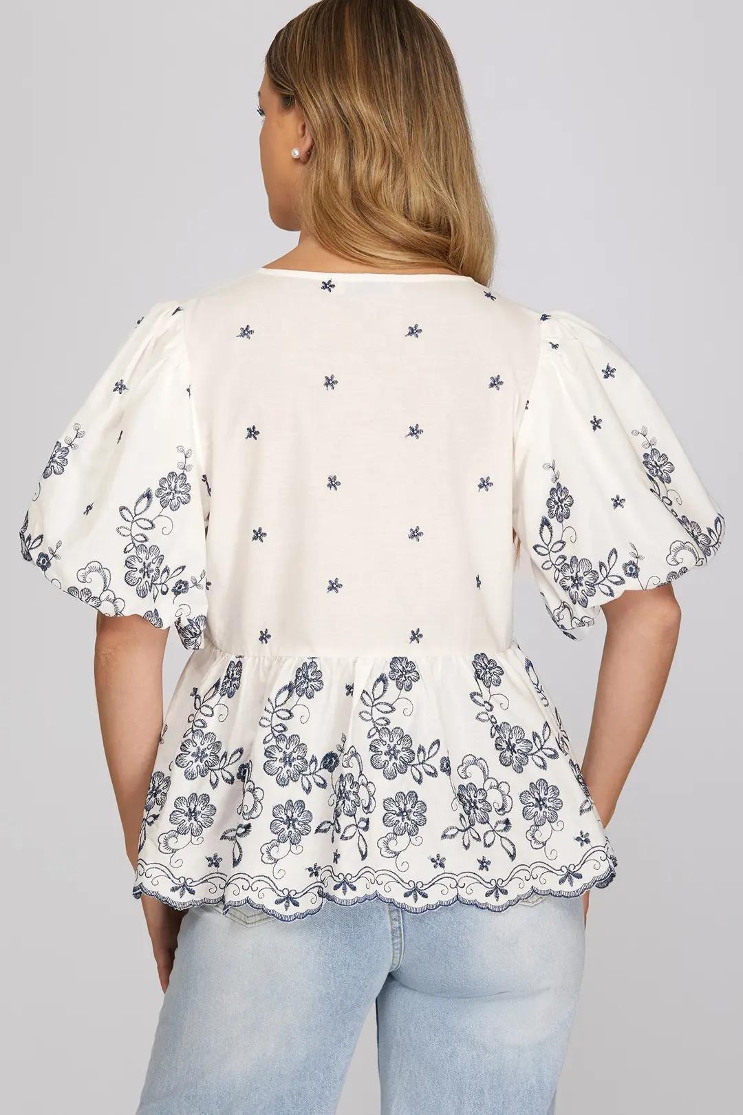Puff Sleeve Woven Embroidery Scallop Hem Top