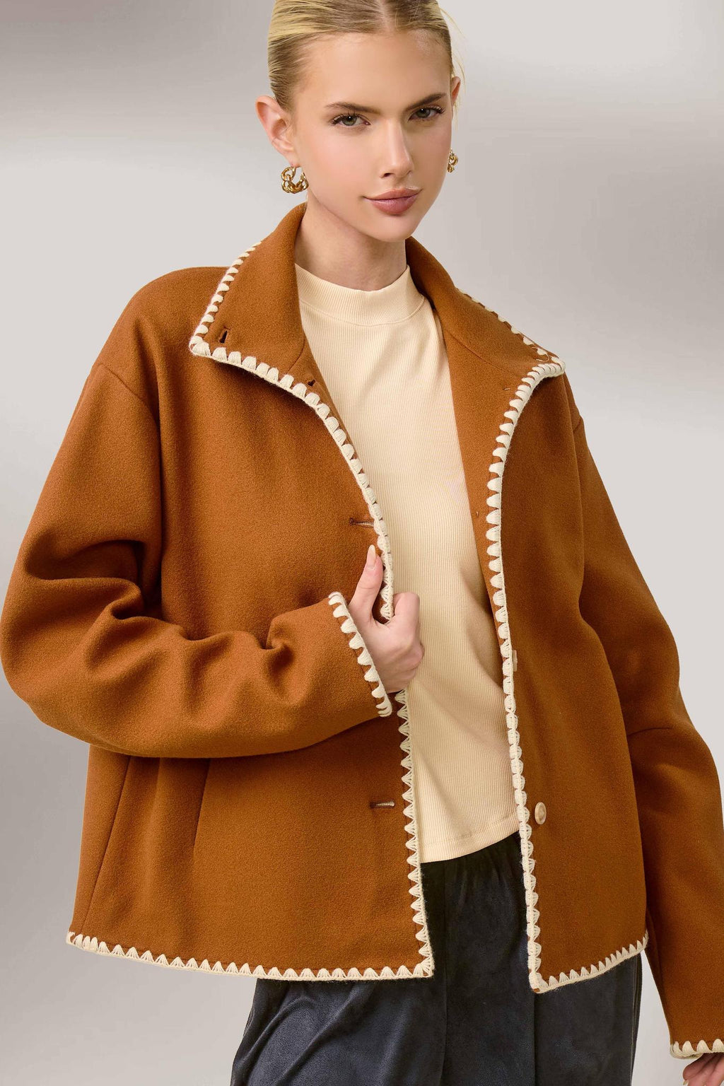Convertible Collar Felt Jacket with Blanket Stitch