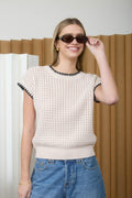 Textured Knit Contrast Trim Short Sleeve Sweater