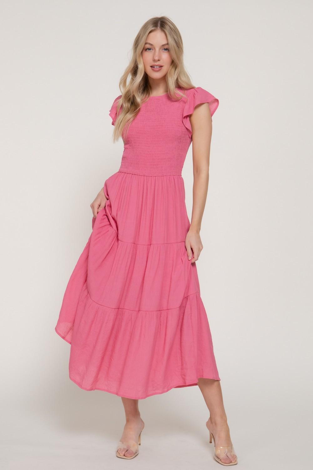 Ruffle Slv Smocked Solid Tired Dress