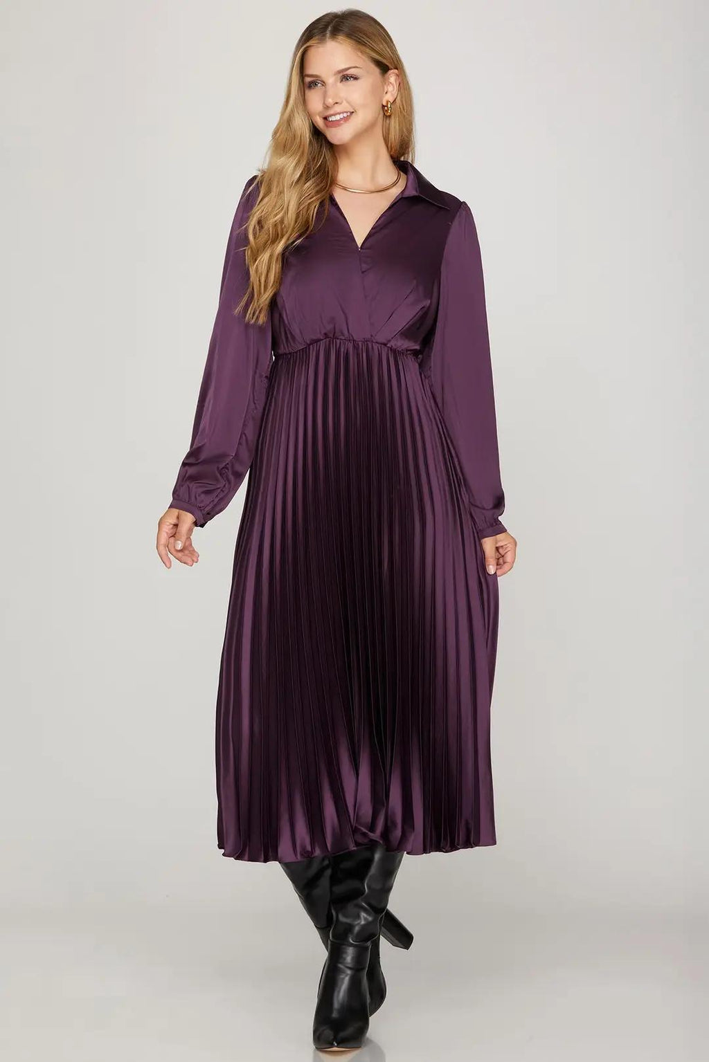 Surplice Long Sleeve Woven Satin Pleated Midi Dress