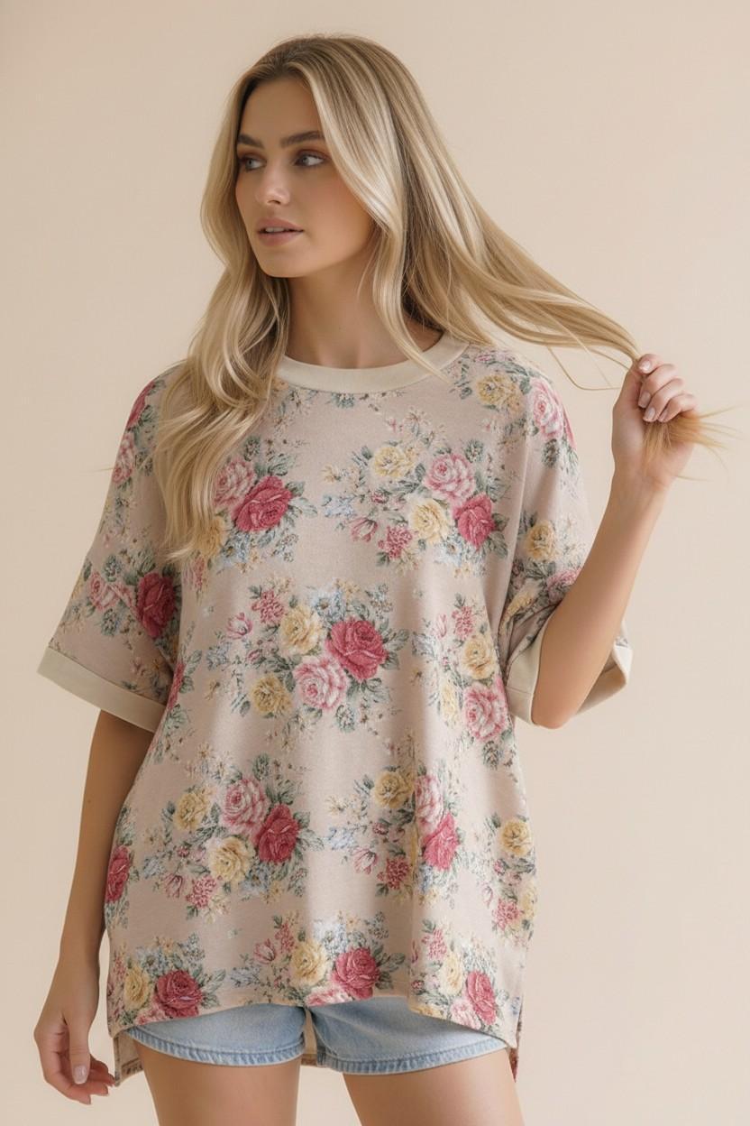 Short Sleeve Oversized Loose Fit Floral Knit Top
