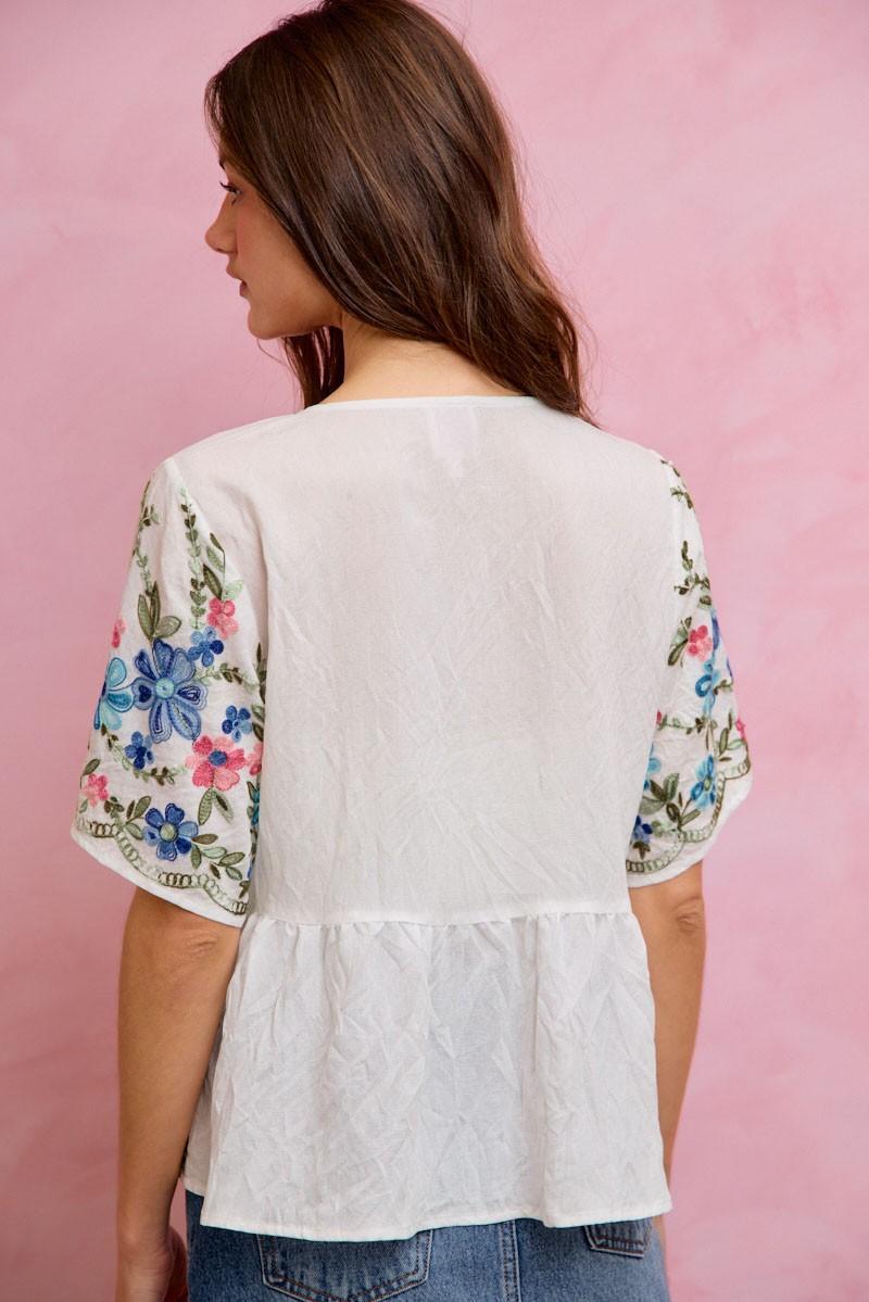 Floral Embroidered Baby Doll Blouse Top