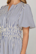 Puff Sleeve Pintuck Tiered Stirpe Woven Midi Dress with Elastic Waistband and Pockets