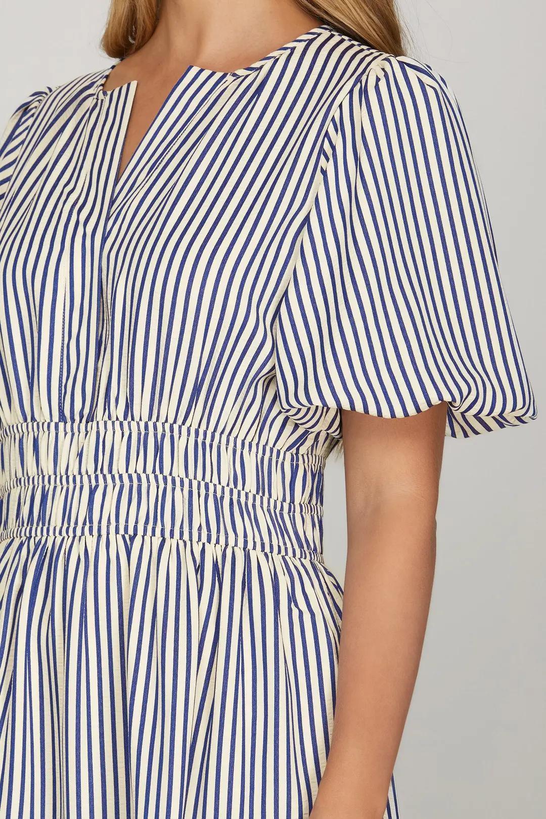 Puff Sleeve Pintuck Tiered Stirpe Woven Midi Dress with Elastic Waistband and Pockets