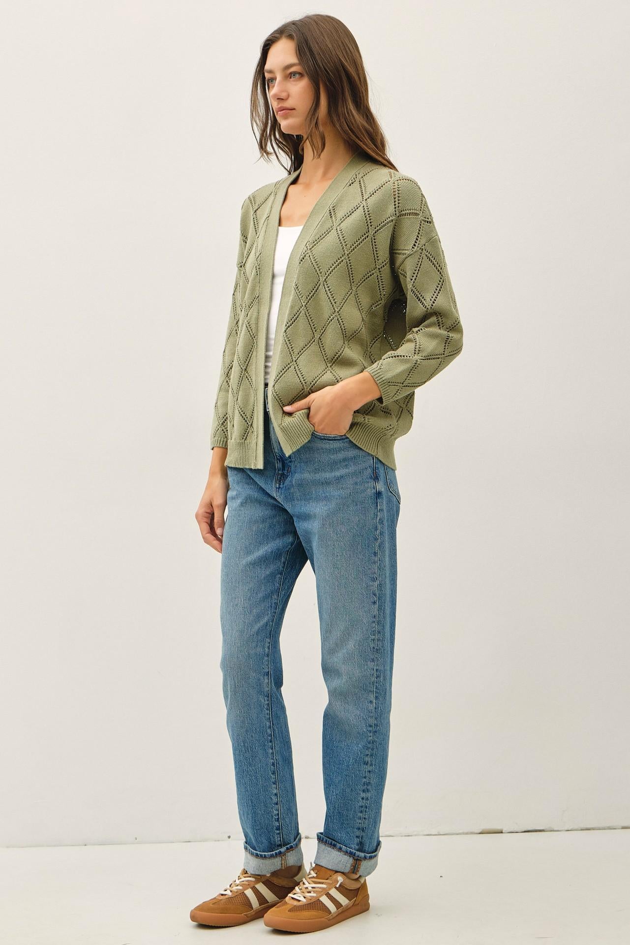 Pointelle Knit Open Front Cardigan