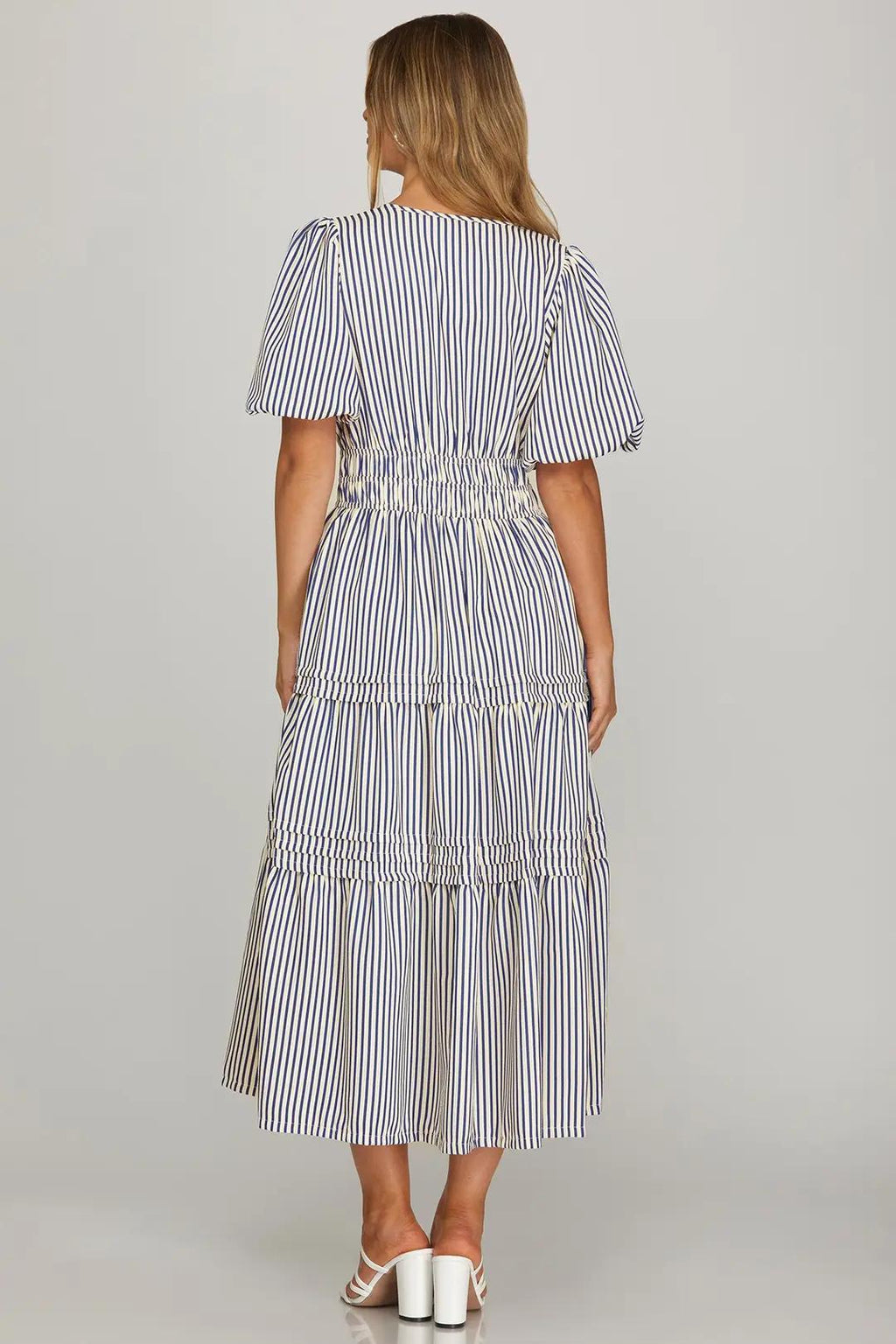 Puff Sleeve Pintuck Tiered Stripe Woven Midi Dress With Elastic Waistband and Pockets