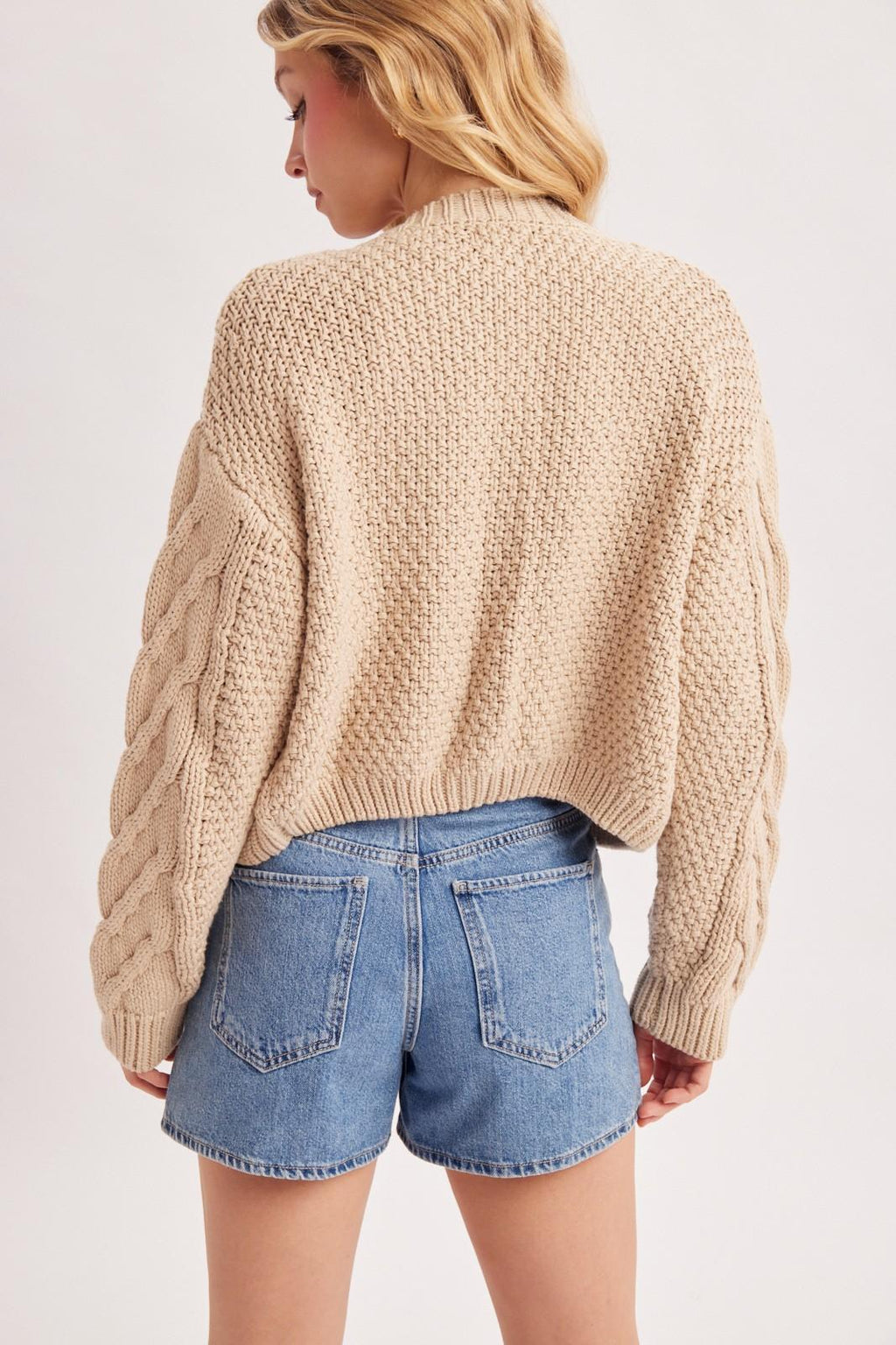 Cropped Button Front Cable Knit Sweater Cardigan