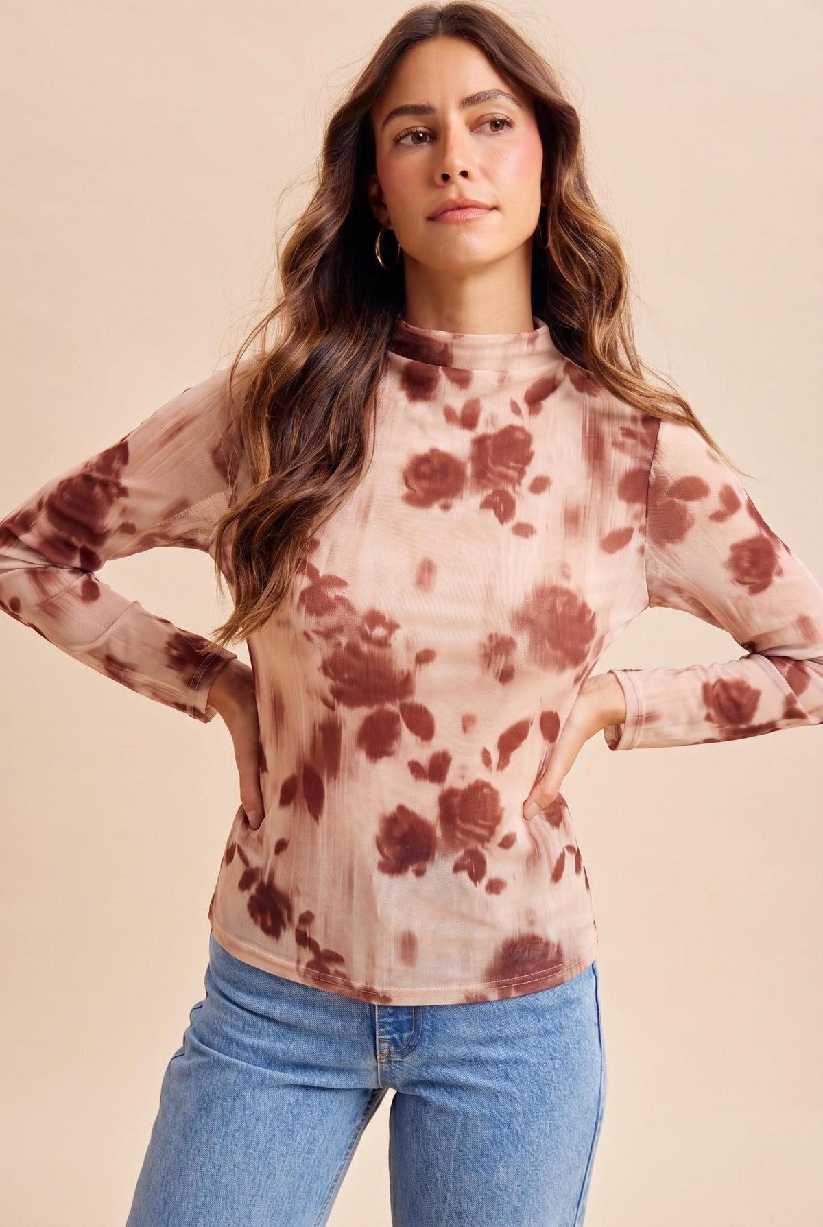 Lined Flower Print Mock Neck Mesh Top
