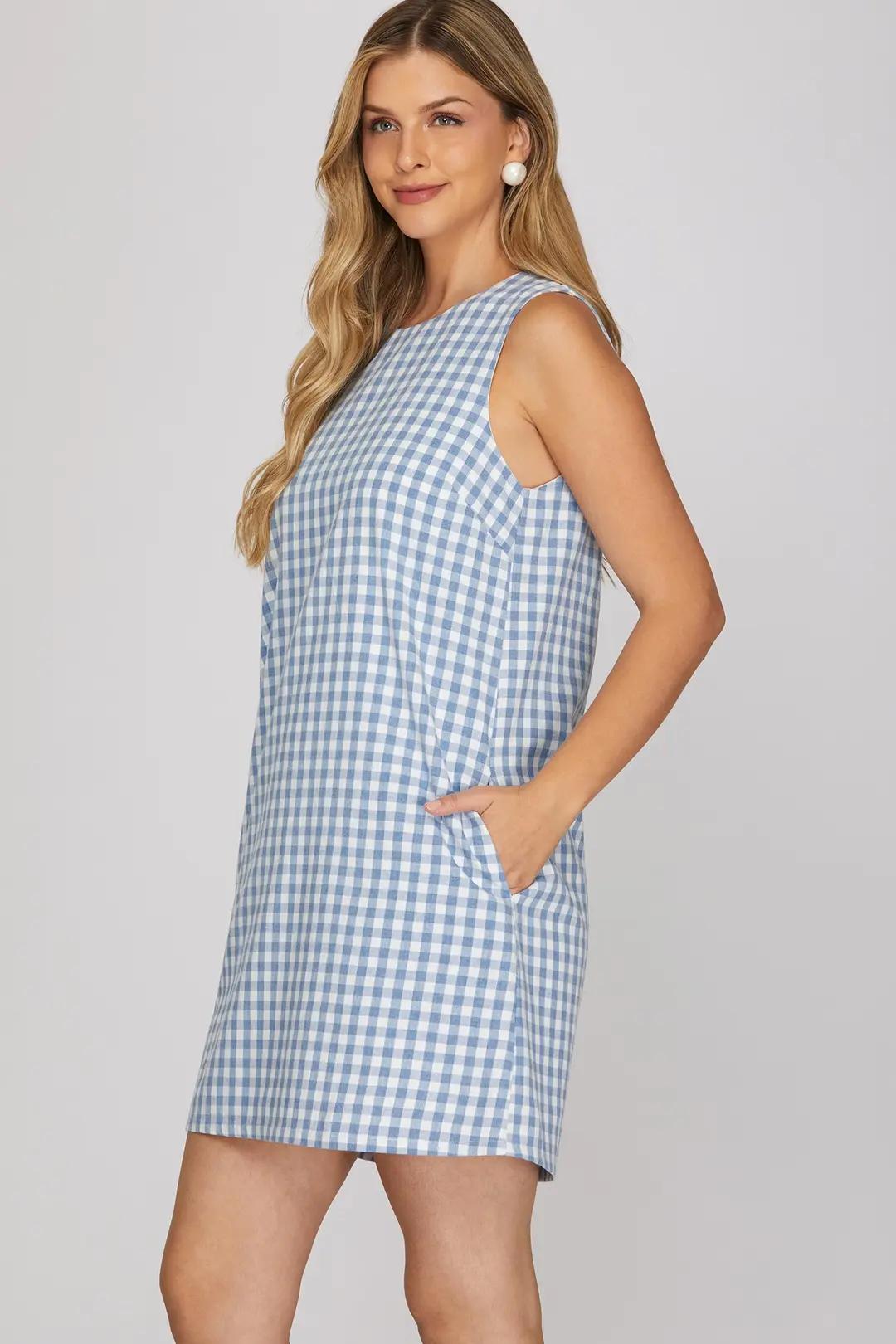 Sleeveless Round Neck Woven Gingham Checked Mini Dress with Pockets