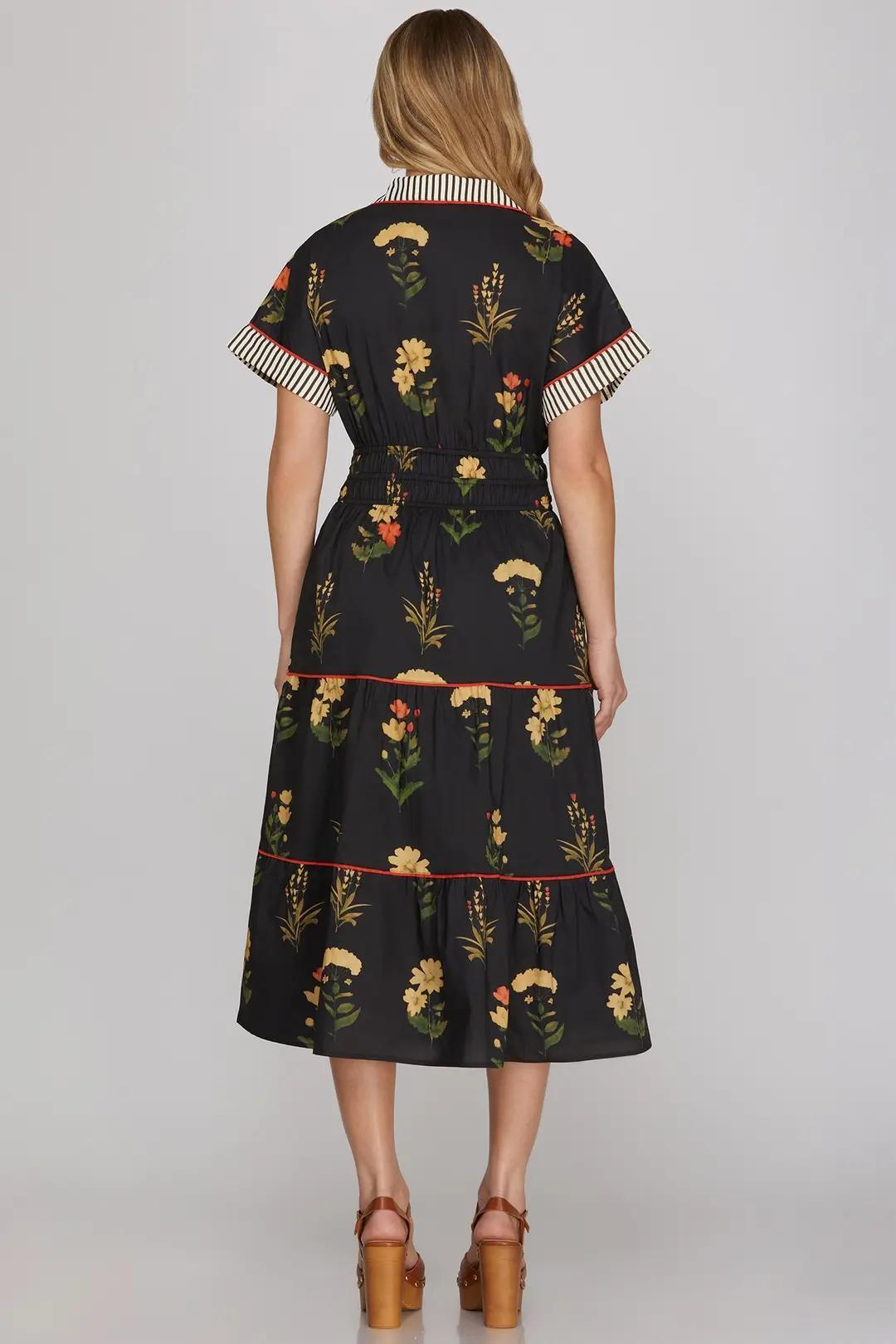 Drop Shoulder Contrast Cuff Sleeve Collared Woven Print Tiered Midi Dress With Pockets