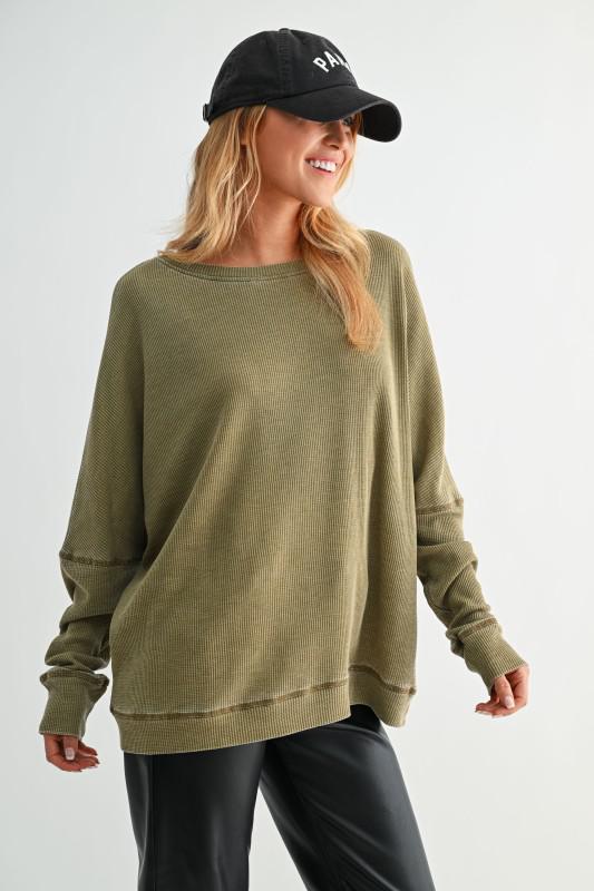 Waffle Ribbed Round Neck Pullover