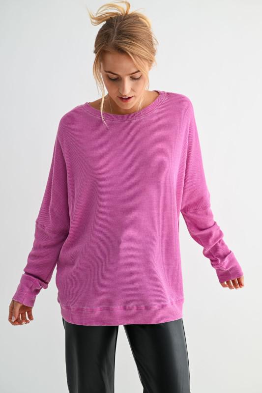 Waffle Ribbed Round Neck Pullover