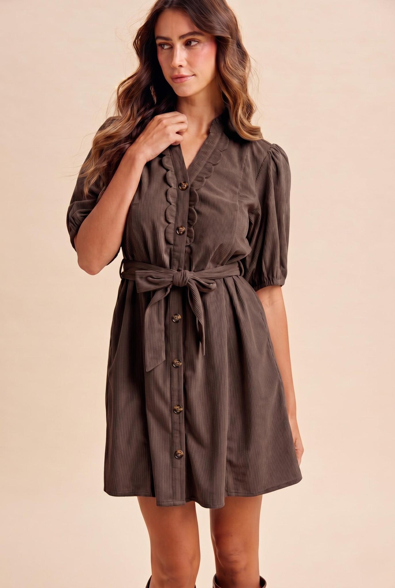Corduroy Belted Mini Scalloped Dress