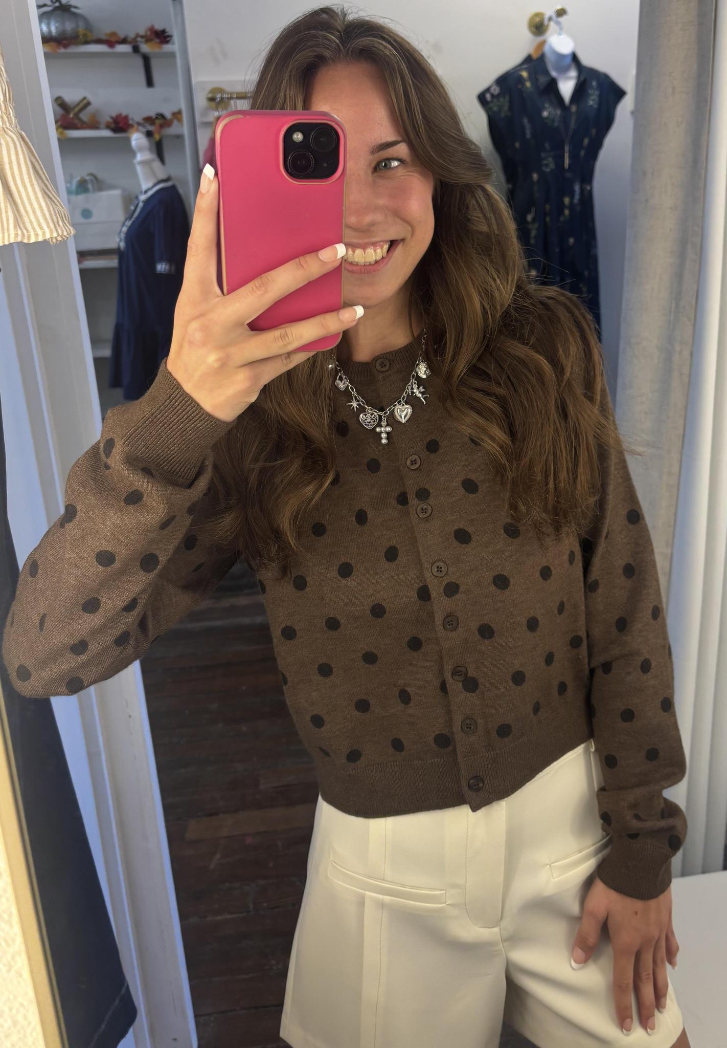 Polka Dot Round Neck Button-Down Cardigan