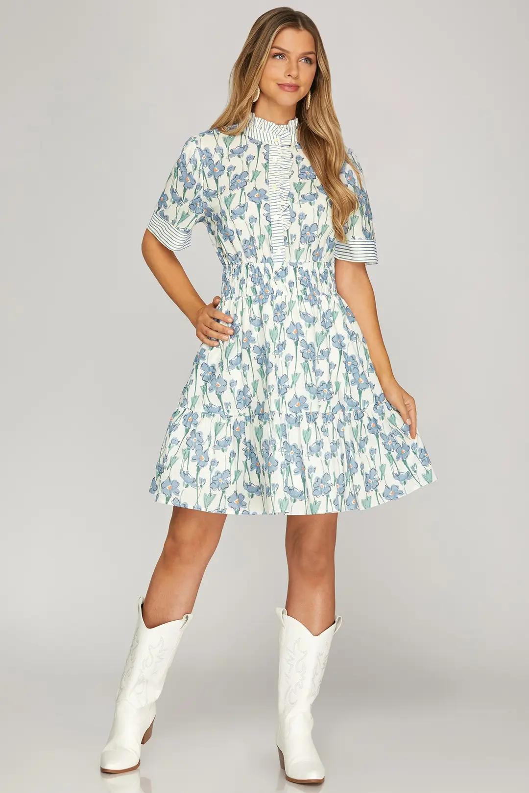 Half Sleeve Contrast Ruffle Neck Floral Print Woven Mini Dress