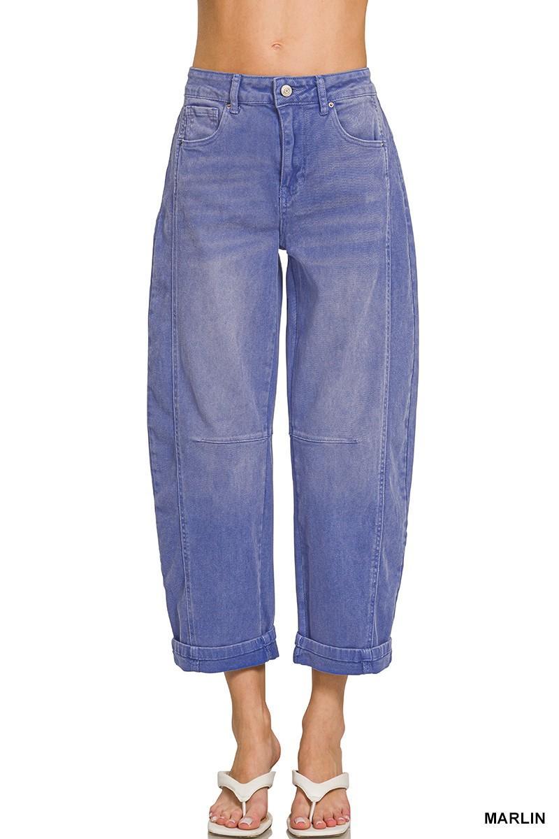 Barrel-leg Cropped Color Denim Pants