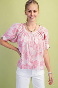 Striped Floral Round Neck Blouse with Covered Buttons and Scalloped Arms