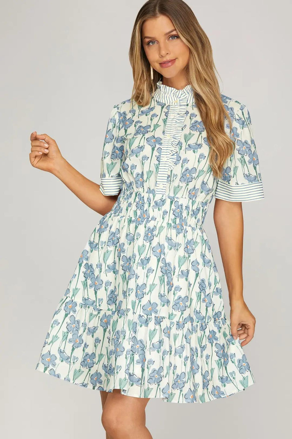 Half Sleeve Contrast Ruffle Neck Floral Print Woven Mini Dress
