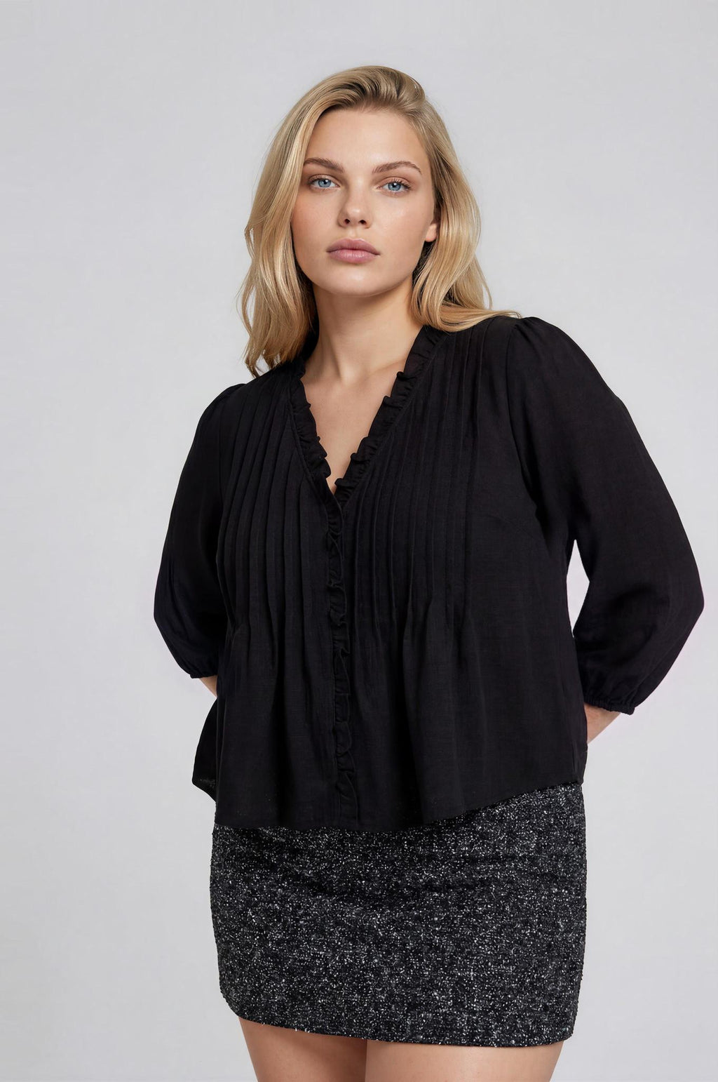 Plus Size 3/4 Sleeve Ruffle Trim Pintuck Detail Blouse