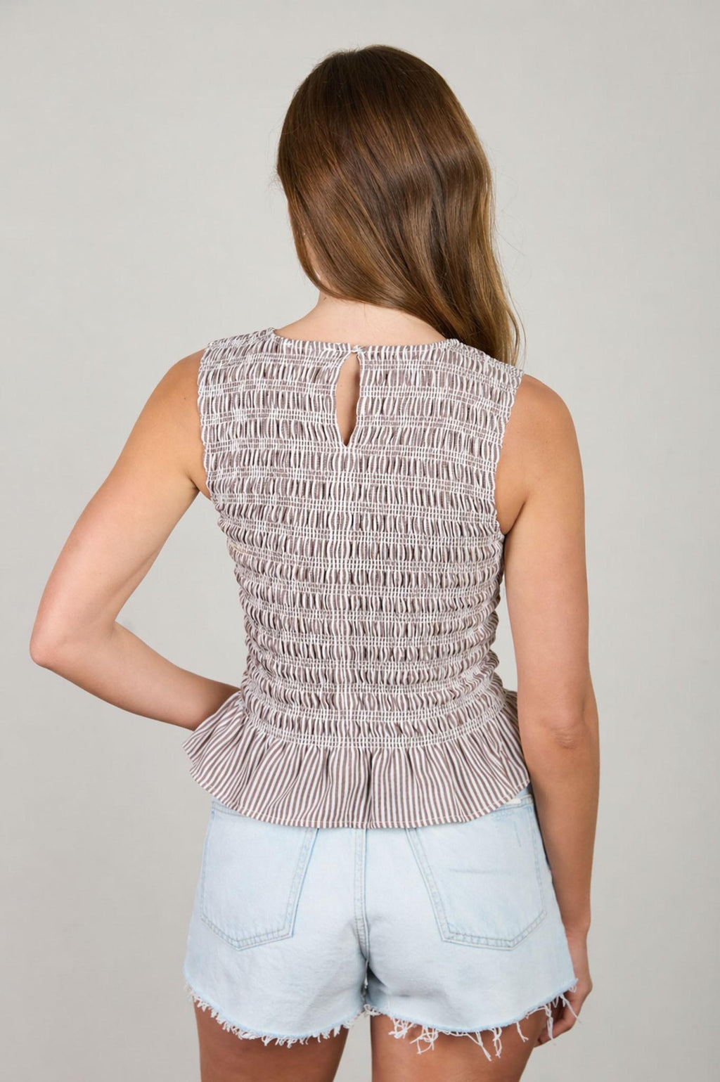 Stripe Sleeveless Smocked Blouse